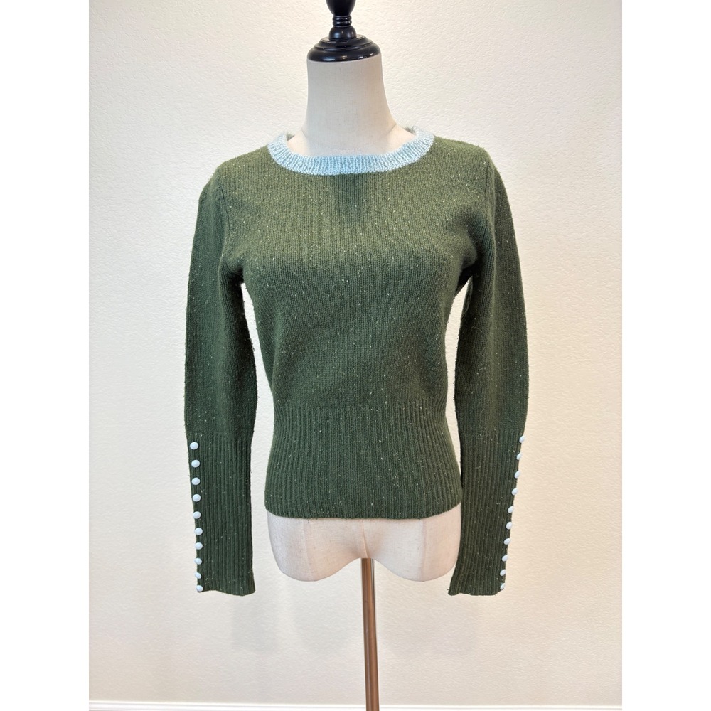Sleeping on Snow Sweater M Green Cashmere Lambswool Blend Button preppy academia